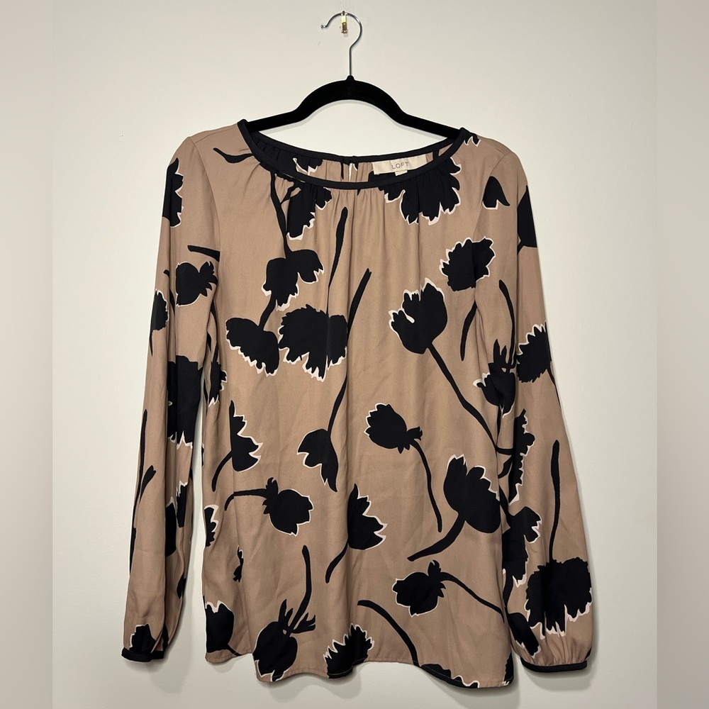 LOFT Floral Print Black and Tan Top